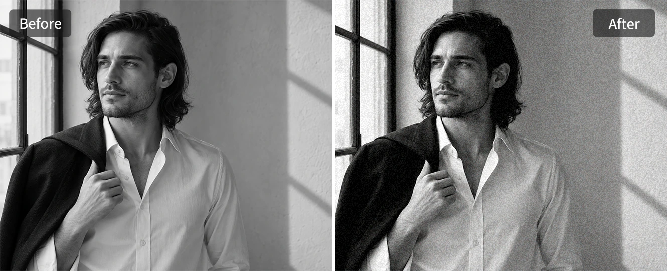 Create an editorial portrait with subtle monochrome grain