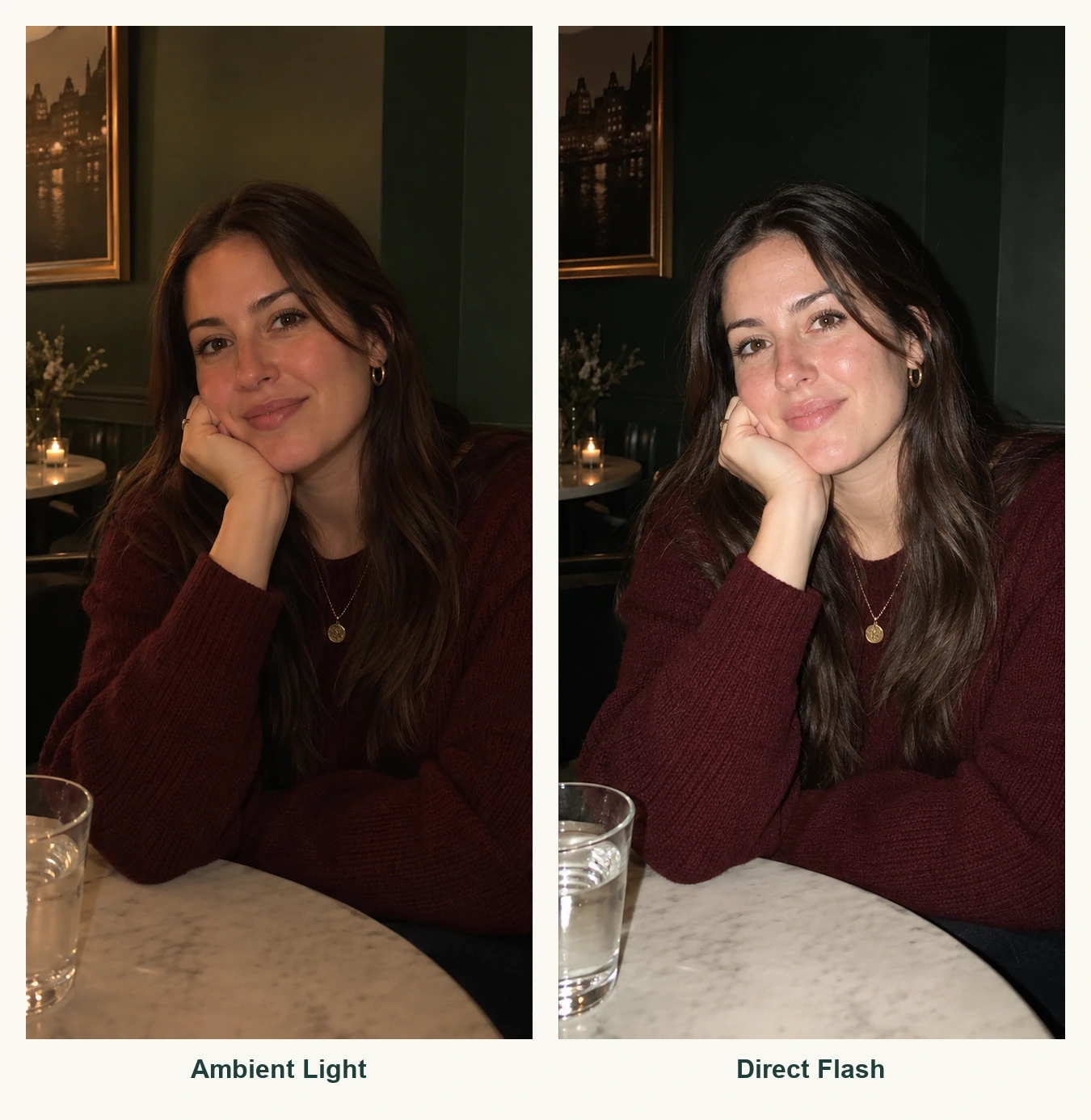 The same woman at a cafe table under ambient light and simulated direct flash, with a brighter face and a darker background in the flash version.