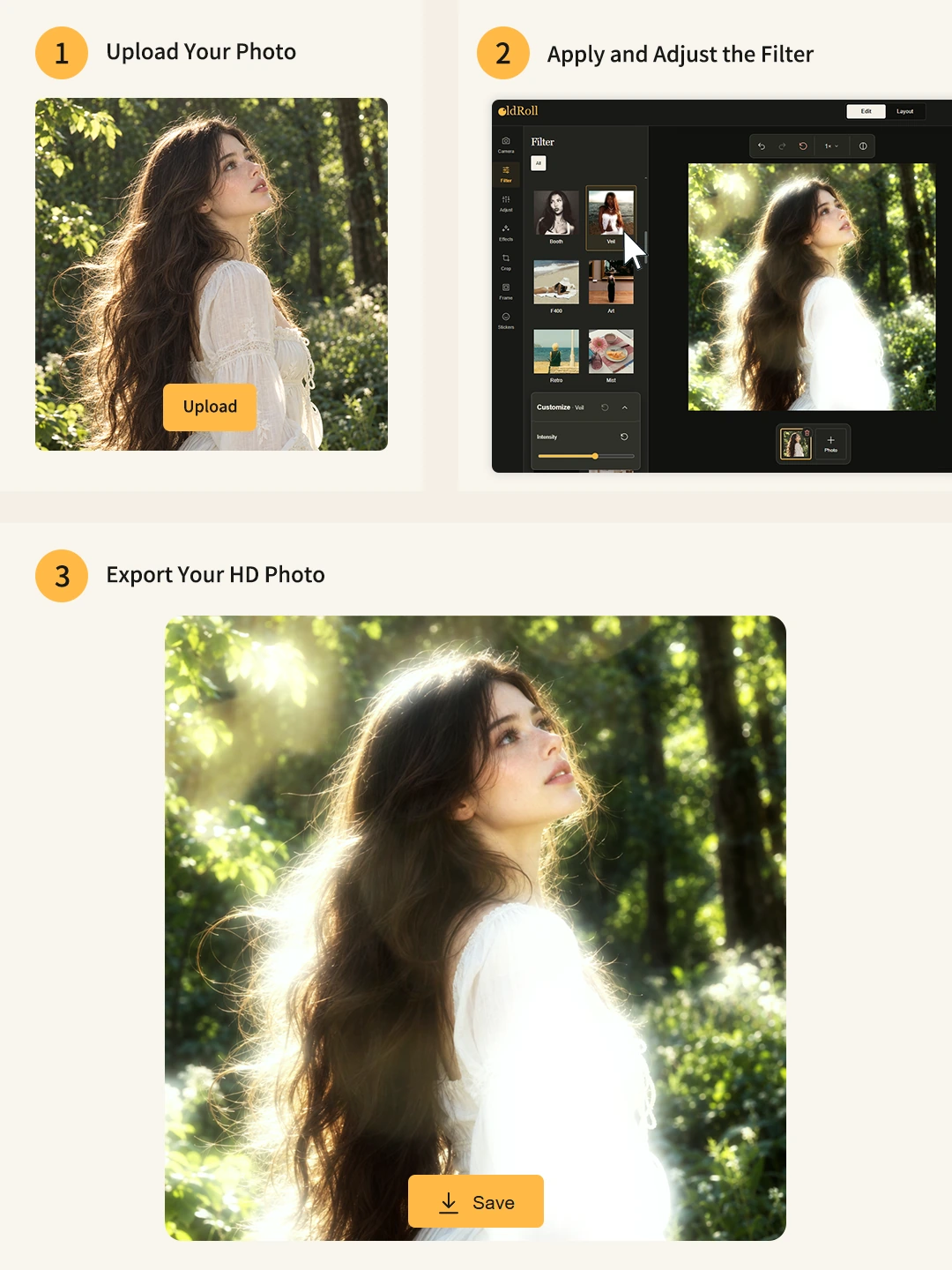 Apply and adjust a dreamy filter in three steps