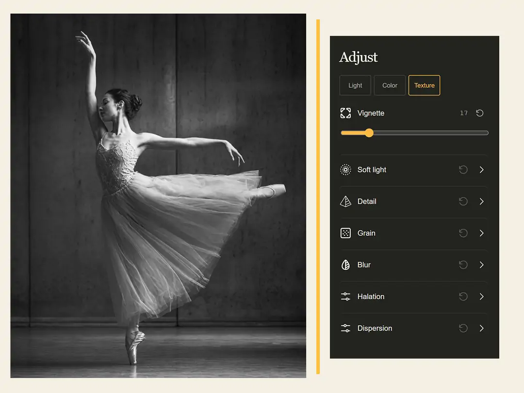 Add grain detail and vignette to a black and white photo