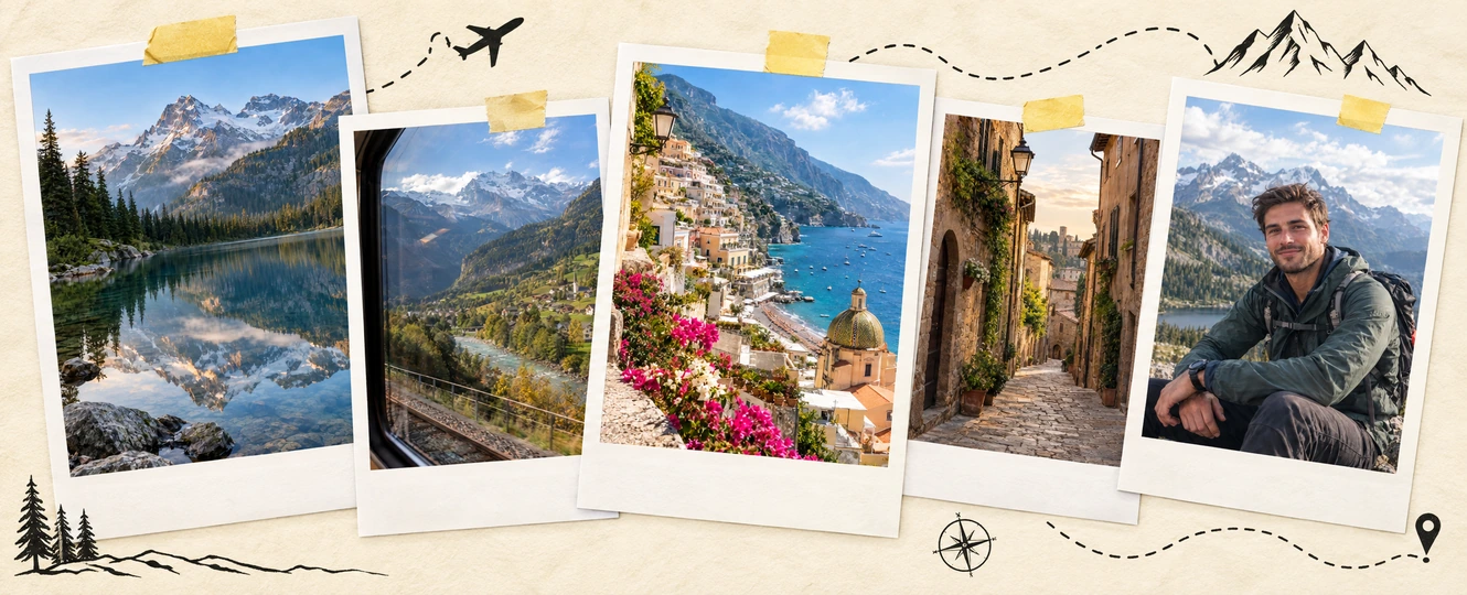 Arrange instant-style photos on a digital scrapbook page