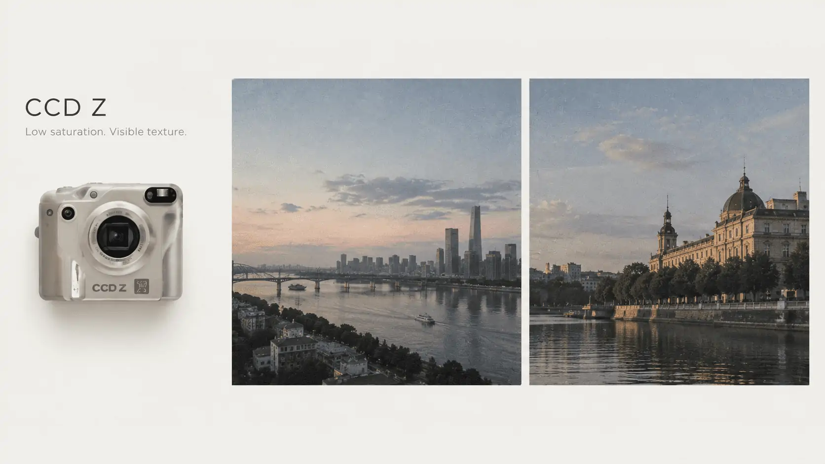 A white CCD Z camera beside two cityscape photos with muted colors and visible grain.