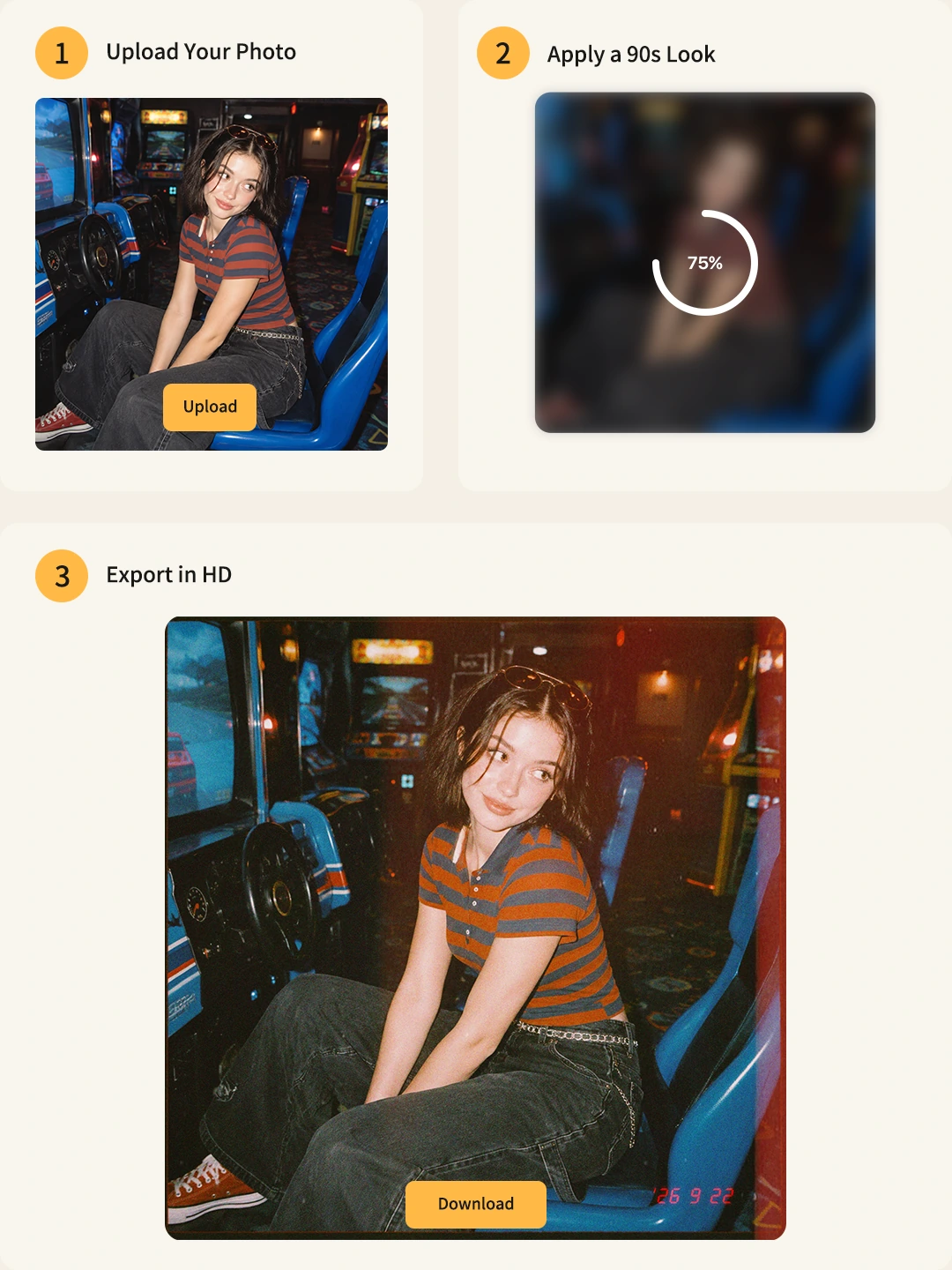 Use three steps to apply and export a 90s photo filter