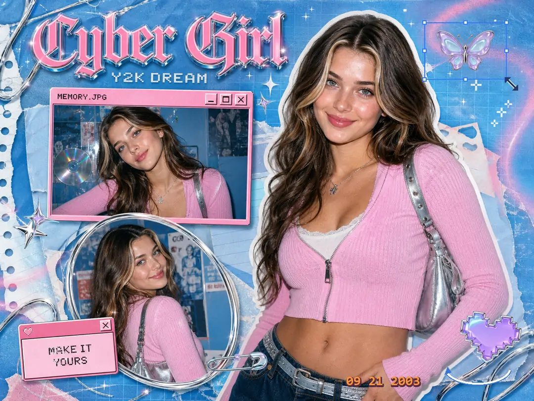 為拼貼新增 Y2K 貼圖、字型與日期細節