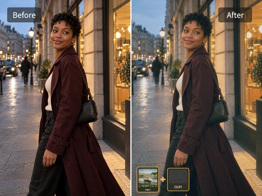 Apply warm cinematic color and film grain to a portrait