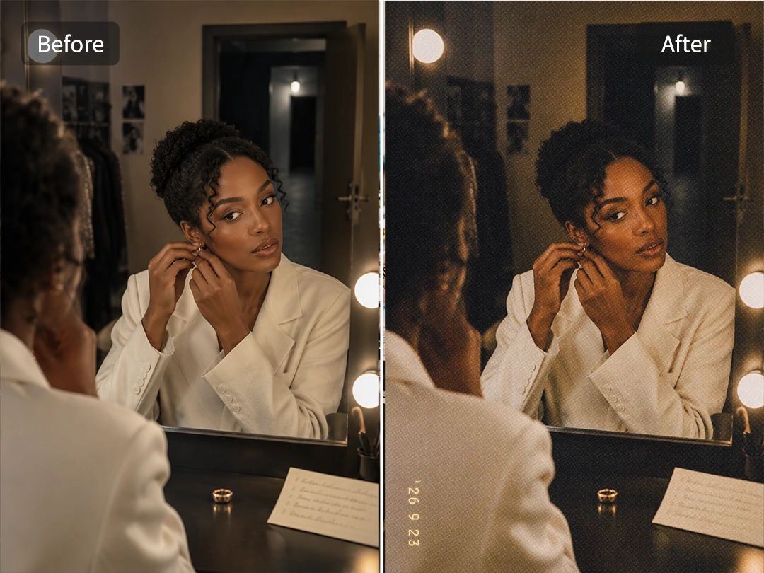 Enhance natural portrait skin inside a warm film effect