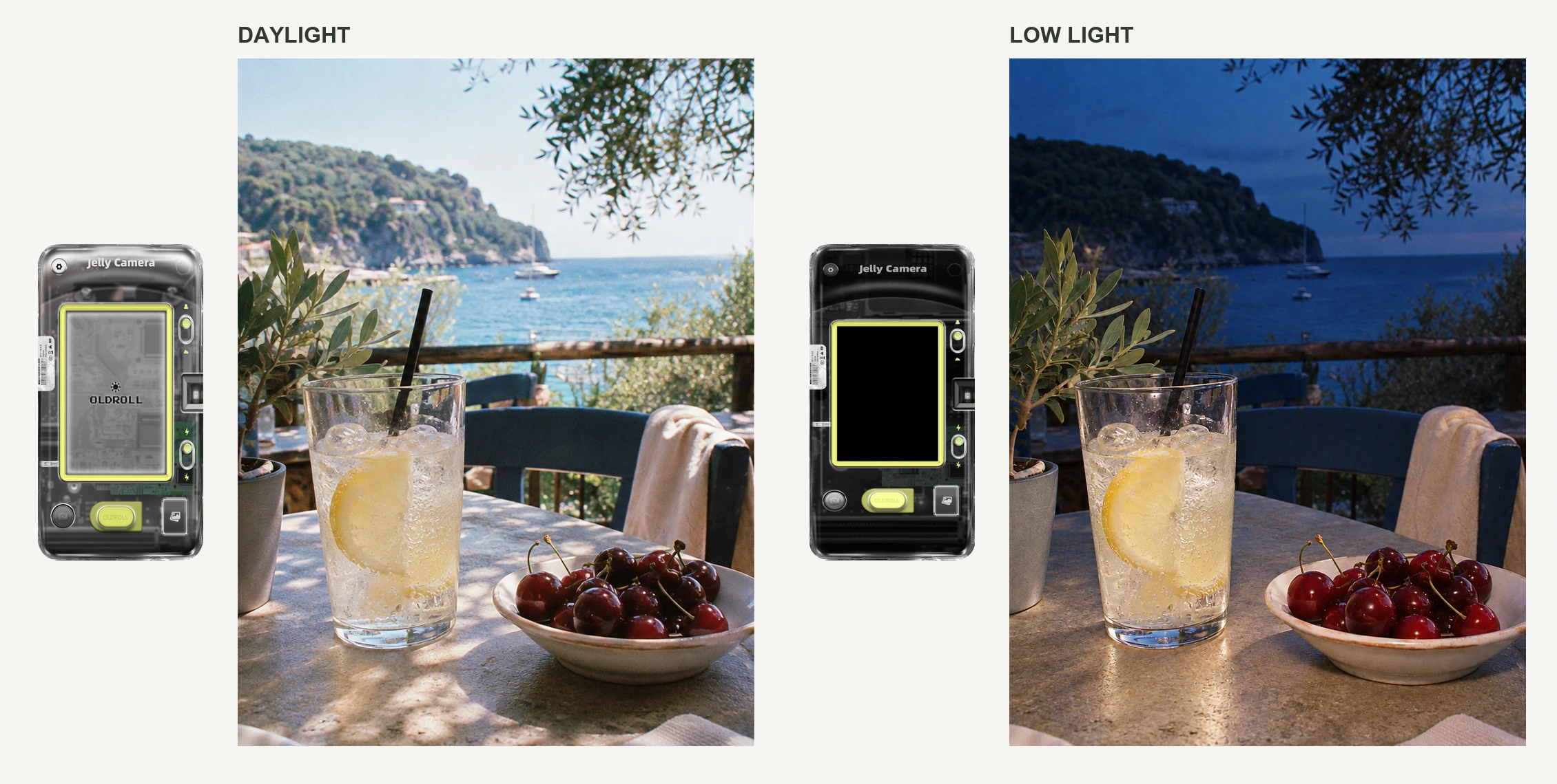JELLY daylight and low-light camera bodies beside AI-simulated views of the same seaside scene under different lighting.