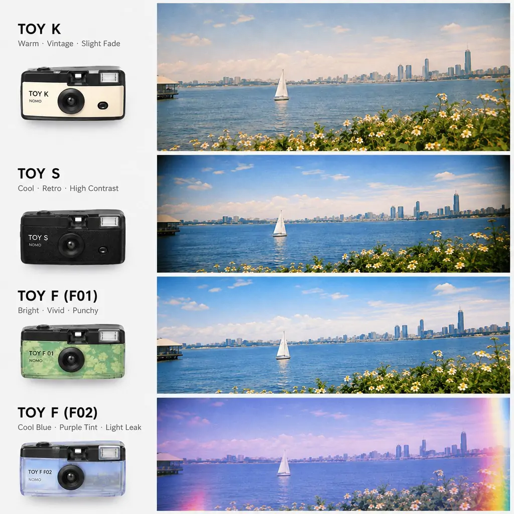 TOY K, TOY S, TOY F F01, and TOY F F02 cameras beside four color treatments of the same waterfront scene.
