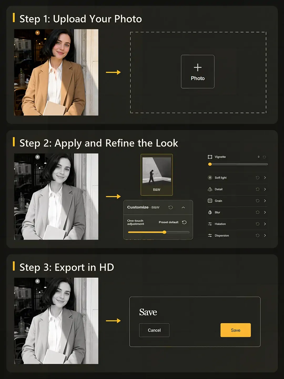 Use three steps to create and export a monochrome photo