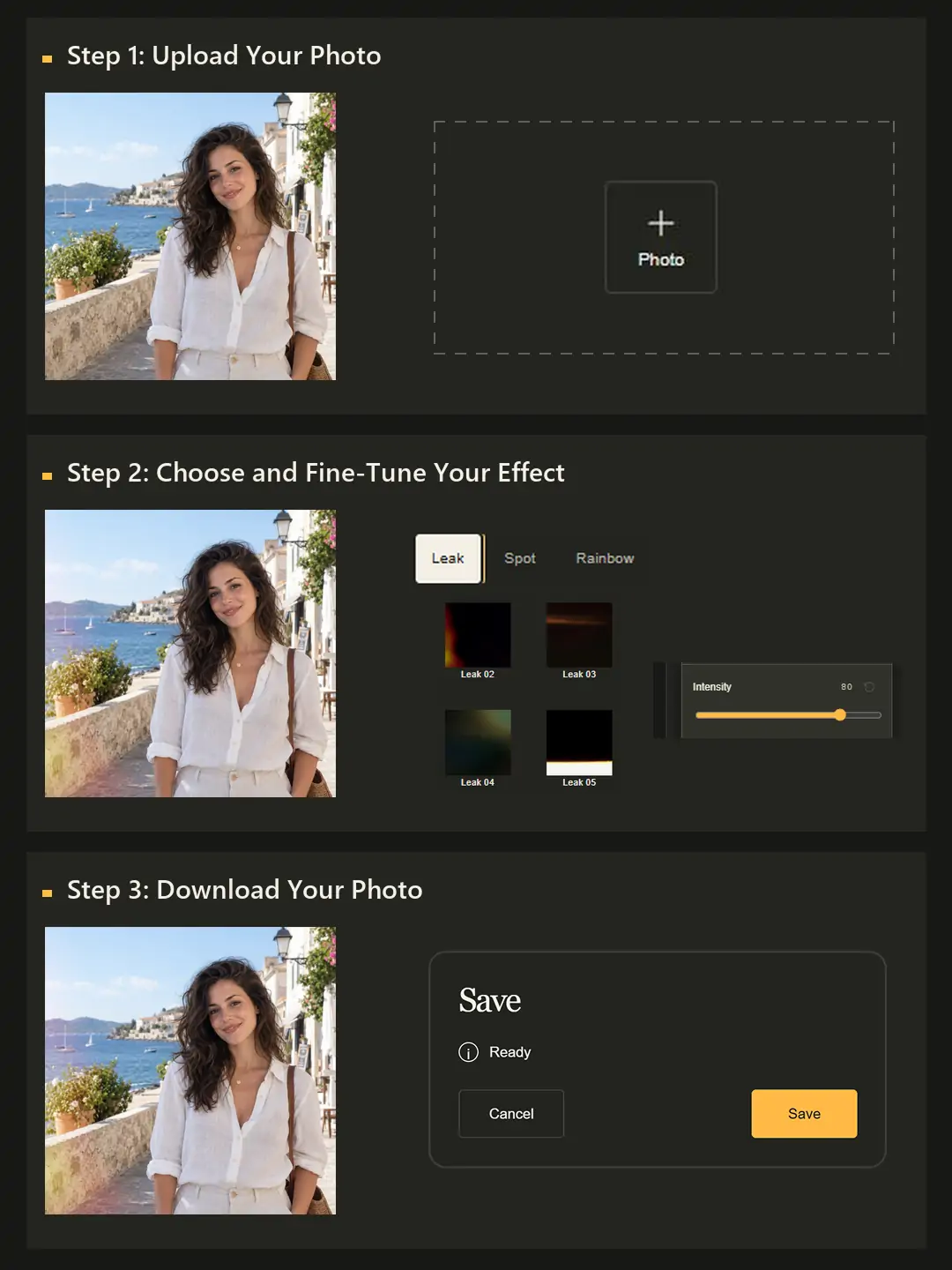 Preview photo upload effect adjustment and download