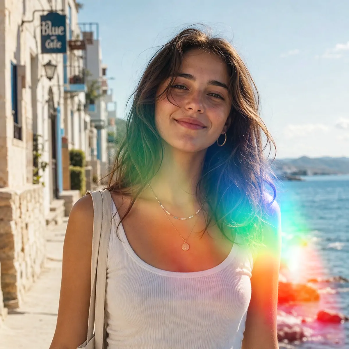Create a sun-warmed portrait with a soft light leak