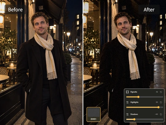 Add vignette and shadow depth to a grainy portrait