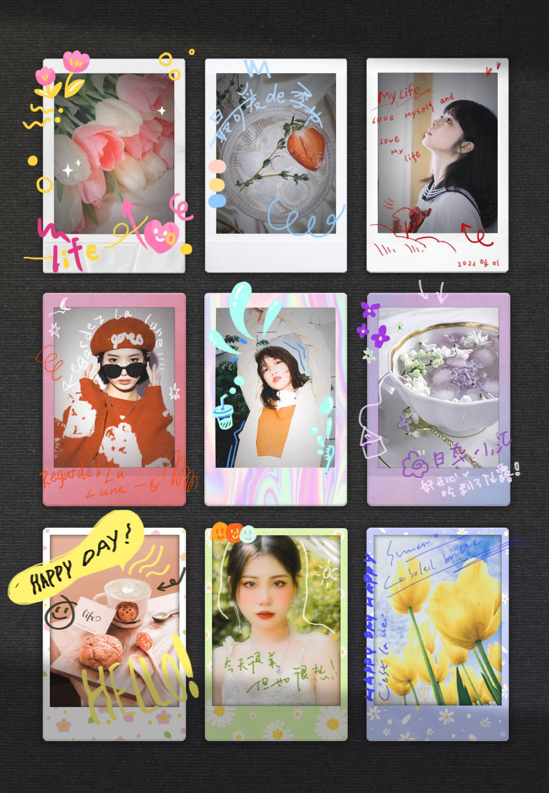 Nine instant-style photos with colorful frames, handwritten notes, and doodles.