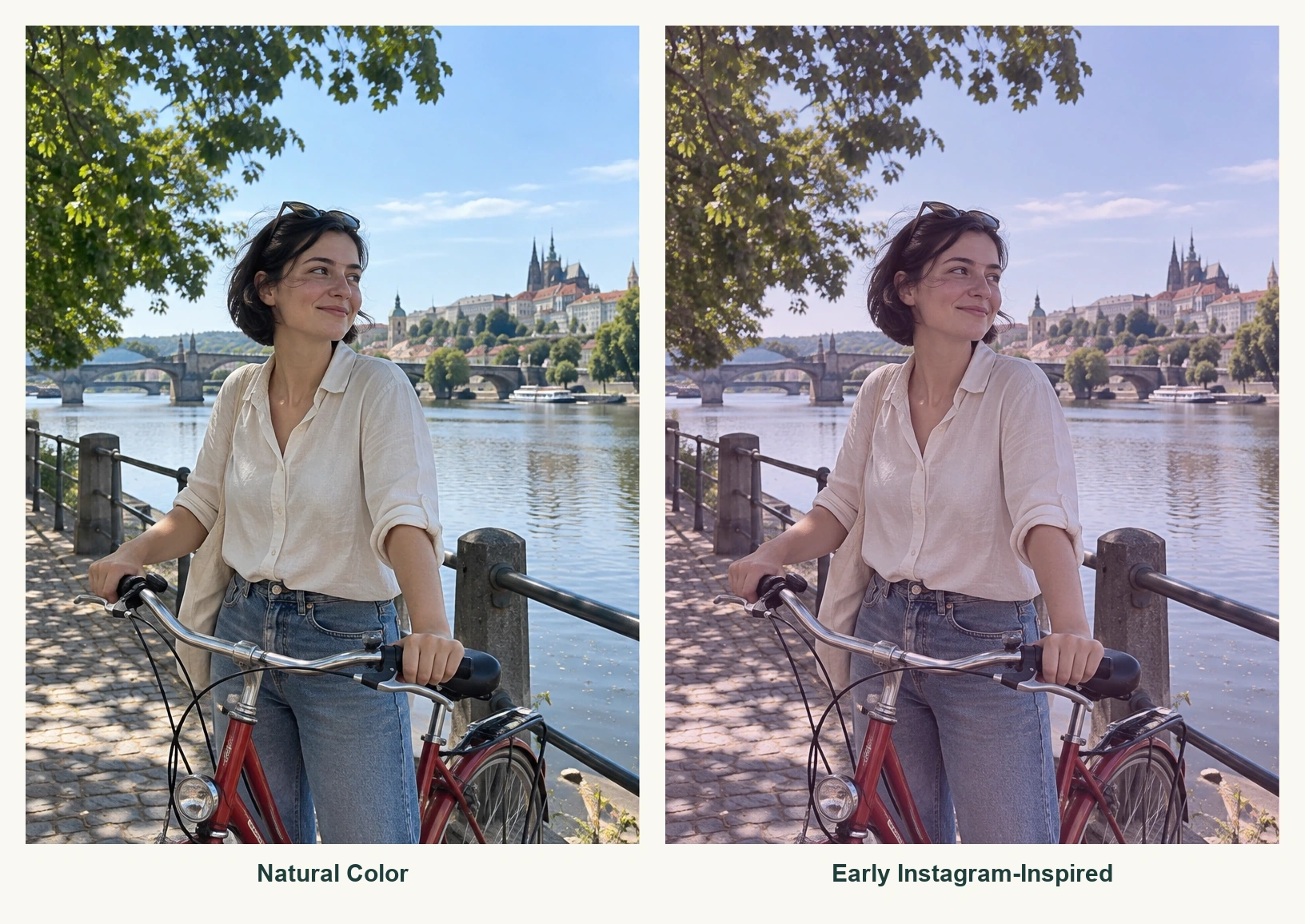 An AI-generated riverside portrait shown in natural color and a rose-tinted, softly faded edit inspired by early Instagram photo effects.