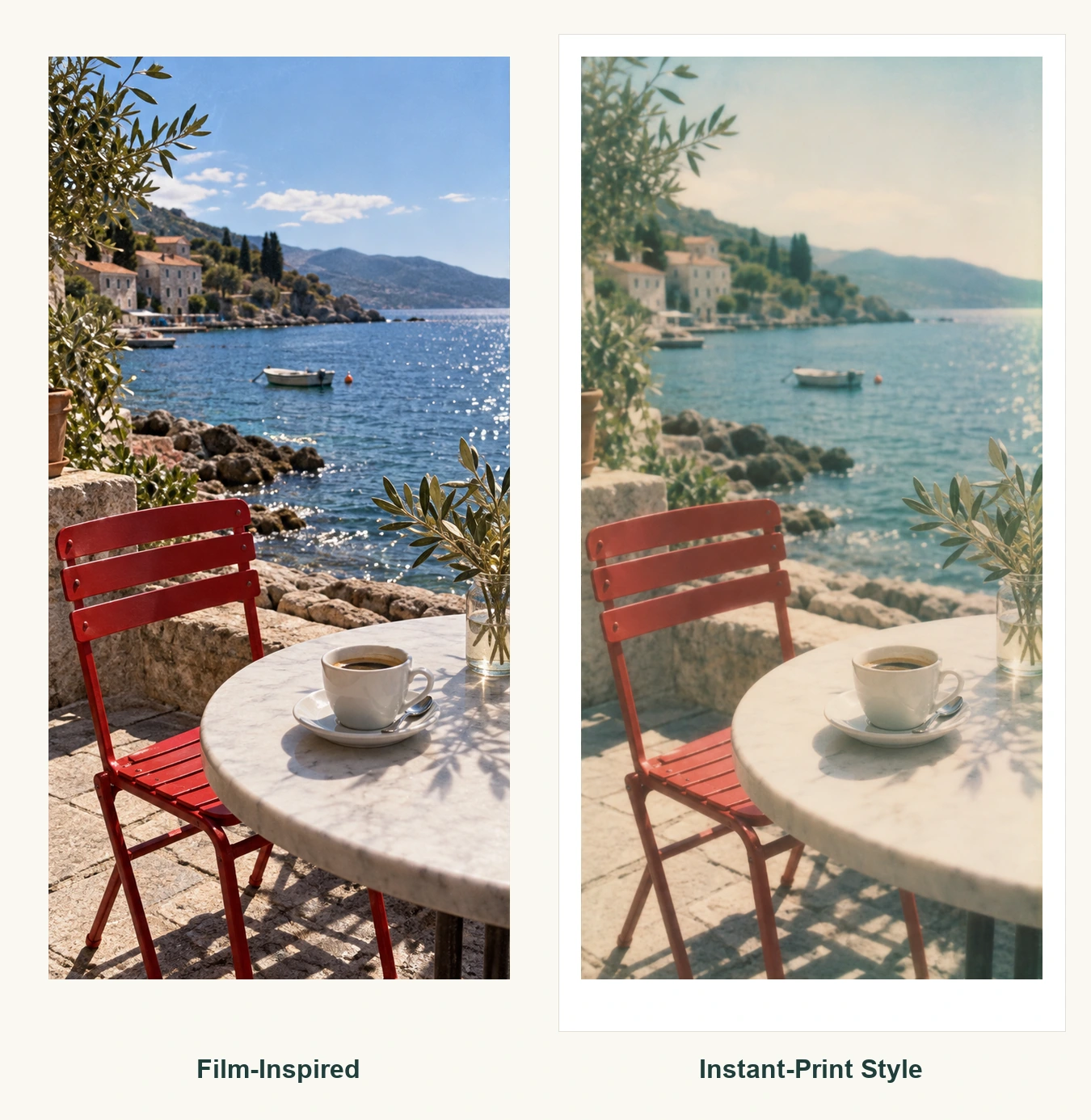 The same seaside cafe scene with film-inspired color and grain, beside a softer instant-print interpretation with a white paper border.