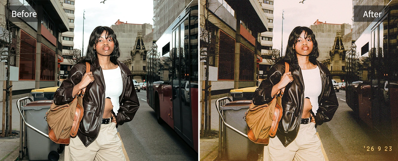 Transform street photos with cool color contrast and grain