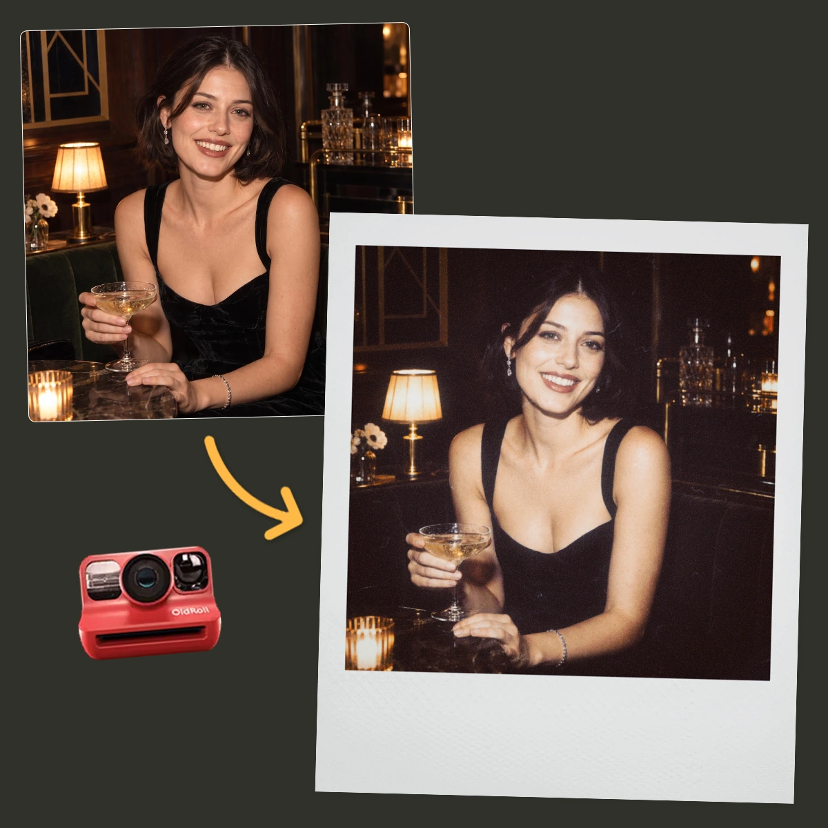 Create an instant-style photo with paper frame and warm color