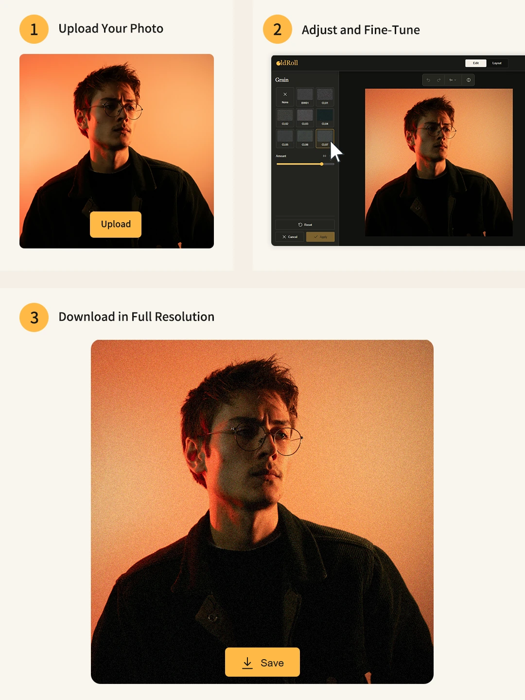 Use three steps to add grain and save a photo