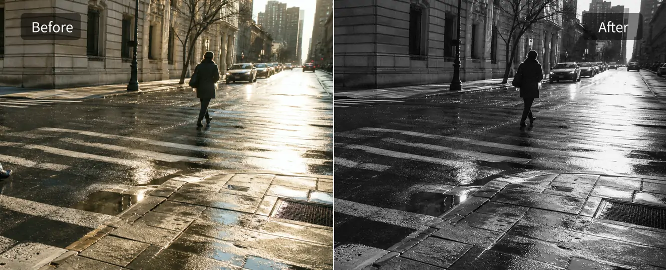 Create a gritty black and white street photograph