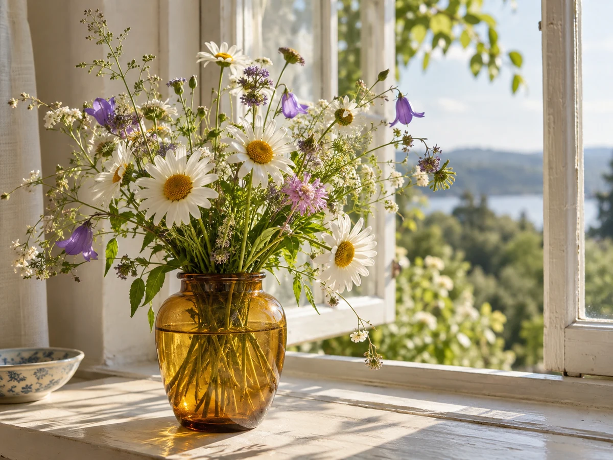 琥珀色の花瓶に生けた日なたの花をコラージュに追加